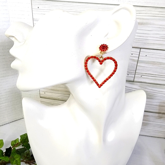 Gold with Red Crystal Stones Heart Post Earrings New - Picture 4 of 7